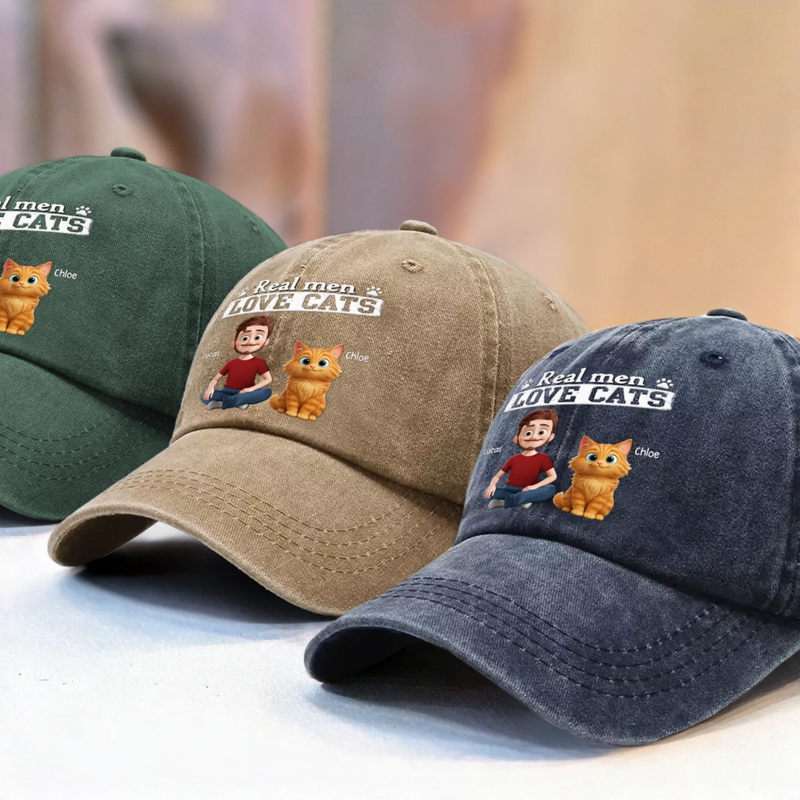 Custom Vintage Washed Denim Baseball Cap - Personalized Birthday Gifts For Cat Lovers, Cat Mom And Dad - Cool Guys Love Kitties