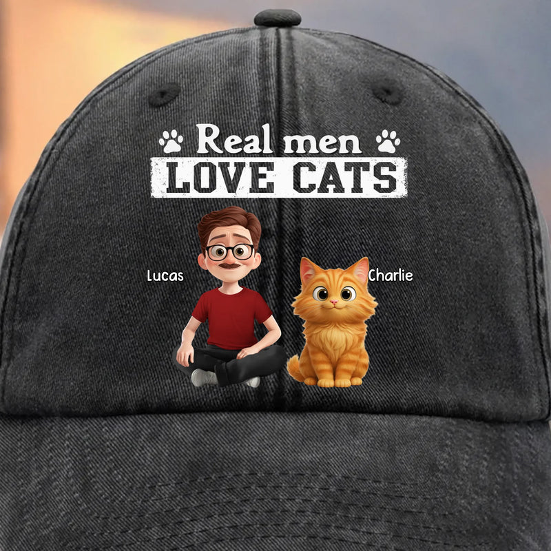 Custom Vintage Washed Denim Baseball Cap - Personalized Birthday Gifts For Cat Lovers, Cat Mom And Dad - Cool Guys Love Kitties