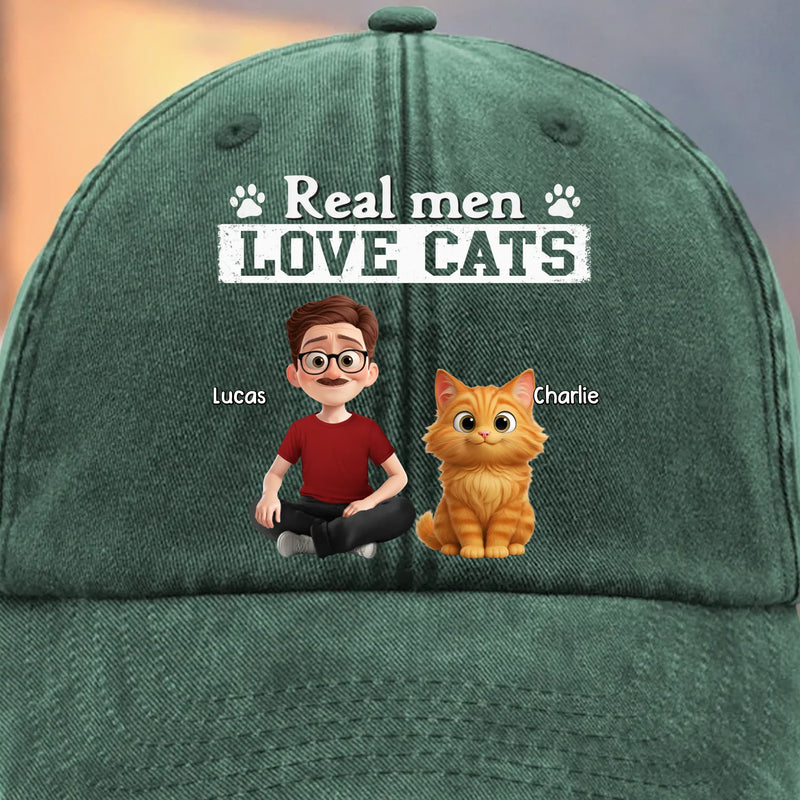 Custom Vintage Washed Denim Baseball Cap - Personalized Birthday Gifts For Cat Lovers, Cat Mom And Dad - Cool Guys Love Kitties