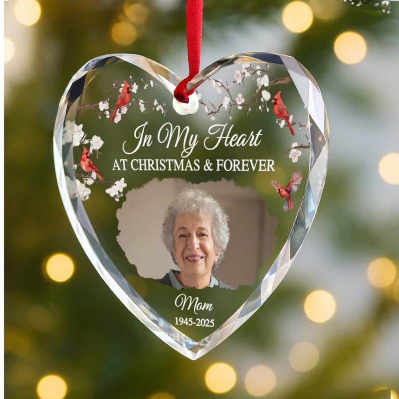 Custom Photo Heart Glass Ornament - Personalized Christmas Memorial Sympathy Gifts For Loss Of Mom, Dad - In Our Hearts At Christmas & Forever