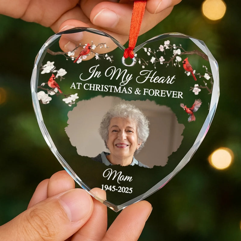 Custom Photo Heart Glass Ornament - Personalized Christmas Memorial Sympathy Gifts For Loss Of Mom, Dad - In Our Hearts At Christmas & Forever