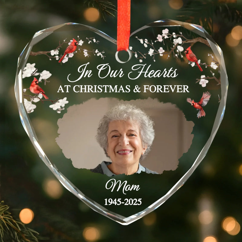 Custom Photo Heart Glass Ornament - Personalized Christmas Memorial Sympathy Gifts For Loss Of Mom, Dad - In Our Hearts At Christmas & Forever