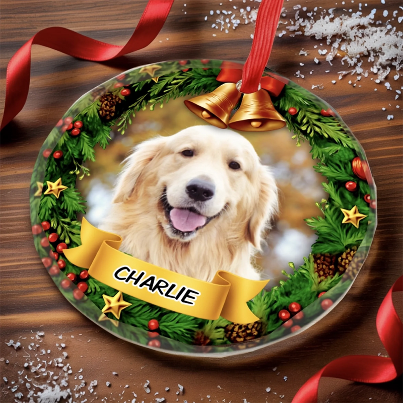 Custom Photo Circle Glass Ornament - Personalized Pet Christmas Memorial Sympathy Gifts For Dogs, Cats - Forever Pawprints On My Heart