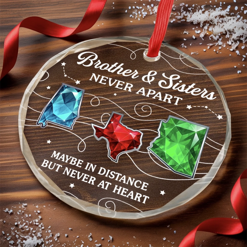 Custom Long Distance Circle Glass Ornament - Personalized Christmas Birthday Gifts For Brother, Sister - Miles Apart Hearts Aligned