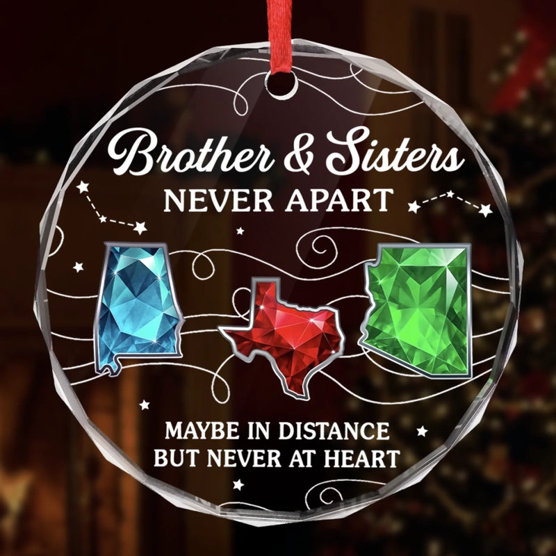 Custom Long Distance Circle Glass Ornament - Personalized Christmas Birthday Gifts For Brother, Sister - Miles Apart Hearts Aligned