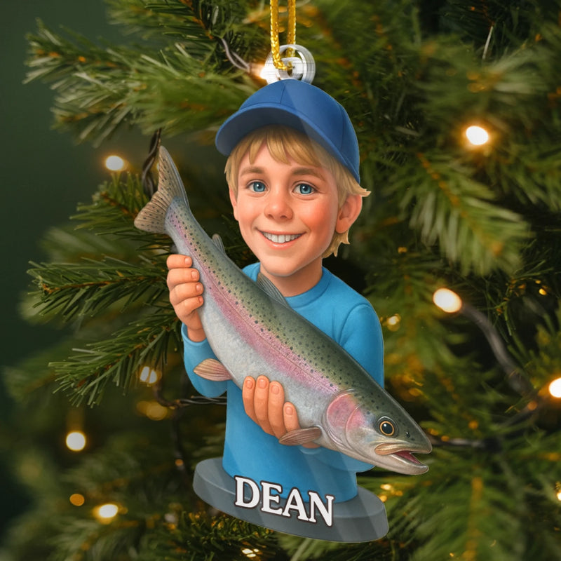 Custom Photo Acrylic Ornament - Personalized Christmas Birthday Fishing Gifts For Fisherman - Little Fisherboy Casting Big Joy