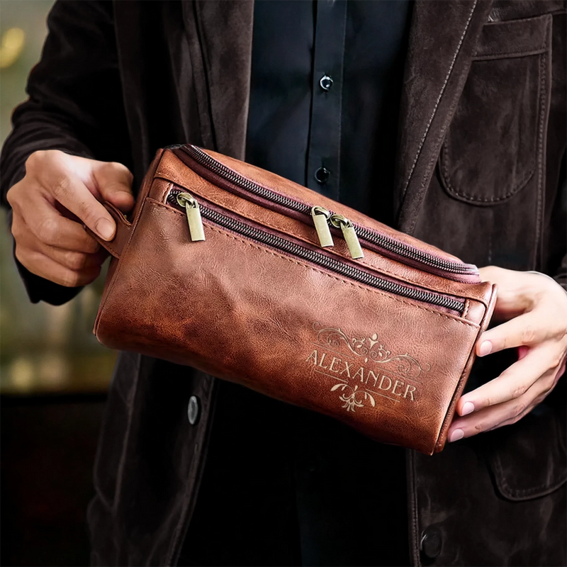 Custom Engraved Leather Toiletry Bag - Personalized Birthday Gifts For Dad, Brother, Grandpa, Husband - Crafted For A Good Man