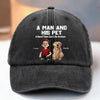 Custom Vintage Washed Denim Baseball Cap US - Personalized Birthday Gifts For Dog Cat Lovers, Dog Dad And Mom, Cat Owners - A Man And His Squad