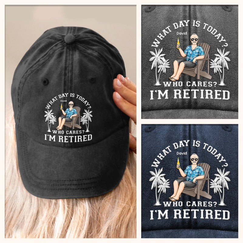 Custom Vintage Washed Denim Baseball Cap US - Personalized Retirement Gifts For Women, Men - Living On Vacation Mode