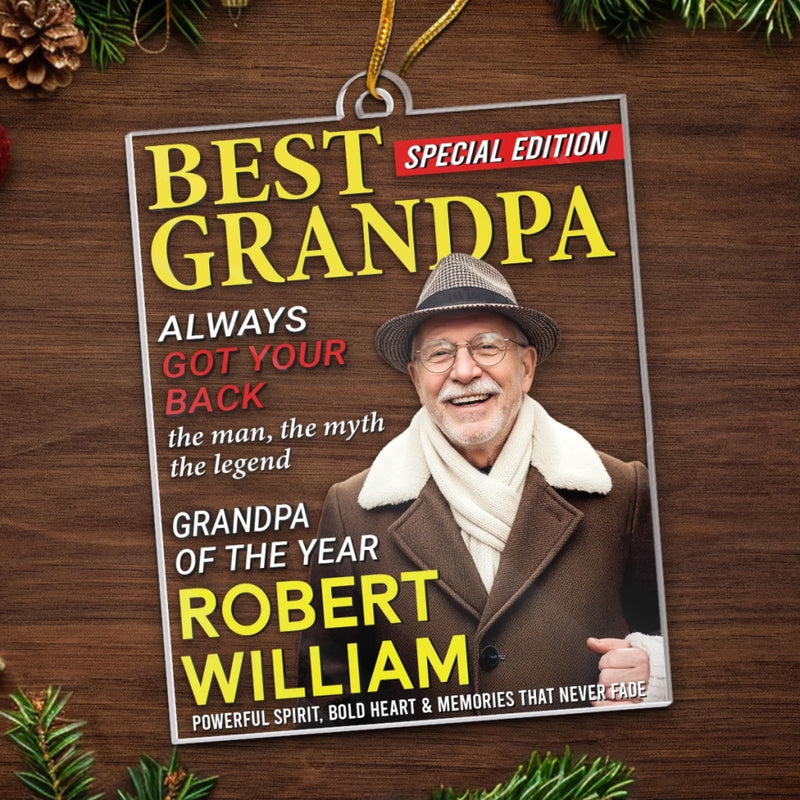 Custom Photo Magazine Acrylic Ornament - Personalized Christmas Birthday Gifts For Grandpa - His Wisdom Warms Our Hearts