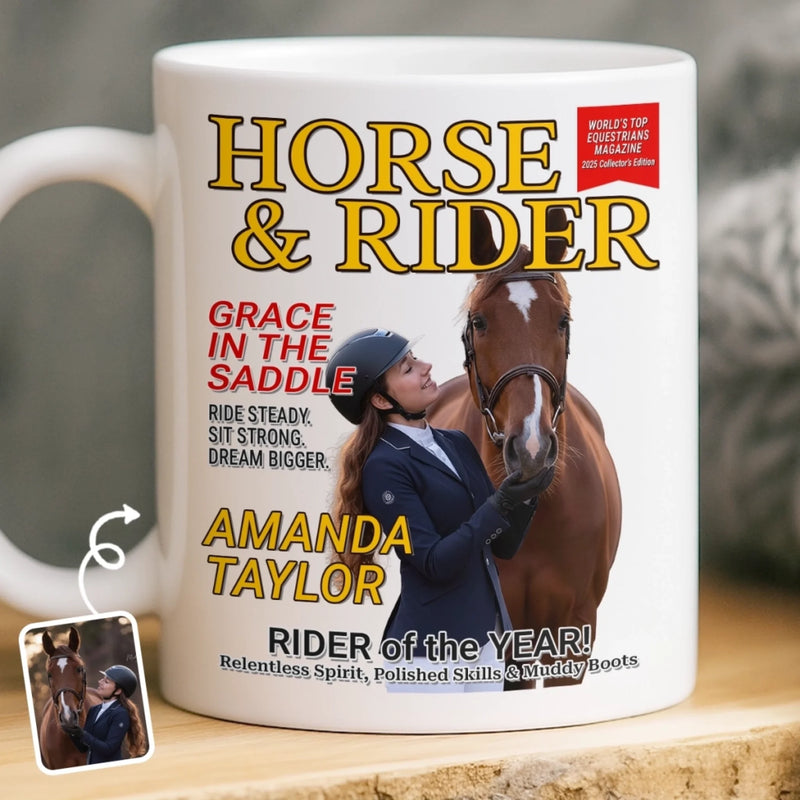 Custom Photo Magazine Mug - Personalized Christmas Birthday Gifts For Men and Women, Horse Lovers - Grace In The Saddle