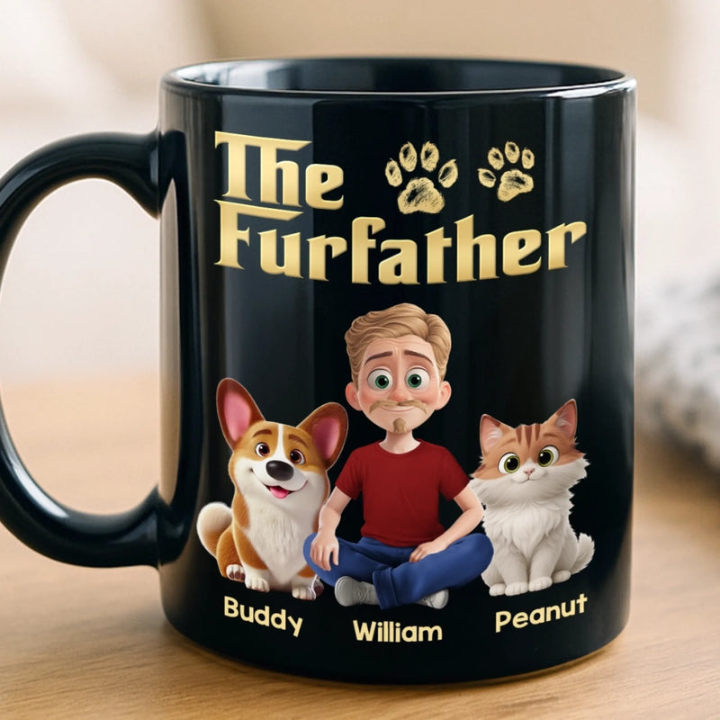 Custom Black Mug - Personalized Birthday Gifts For Dog Cat Lovers, Dog Dad And Mom, Cat Owners - The Furfather Never Walks Alone