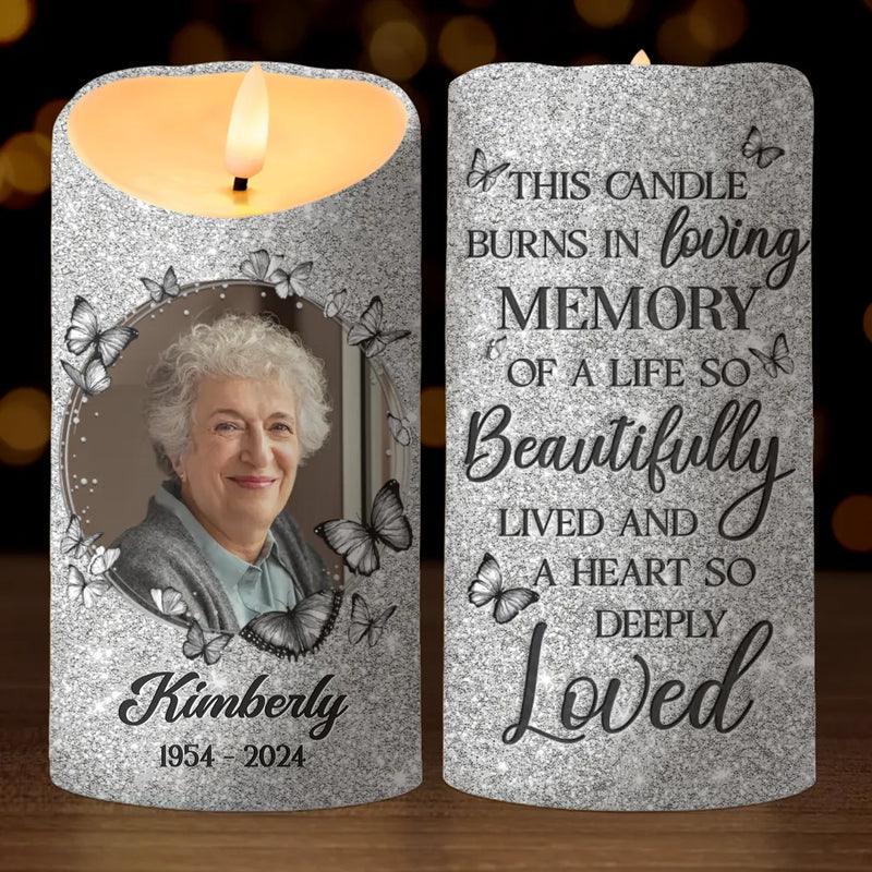 Custom Photo This Candle Burns In Memory Of A Life Well Lived And A Heart Loved - Memorial Personalized Custom LED Candle - Sympathy Gift, Christmas Gift For Family Members