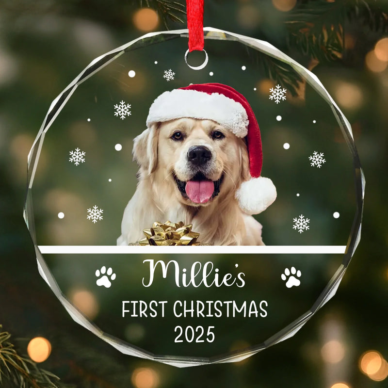 Custom Photo First Christmas Pet Glass Ornament - Personalized Christmas Birthday Gifts For Dog Lovers, Cat Lovers, Pet Dad And Mom, New Pet Ornament - New Paws New Joy