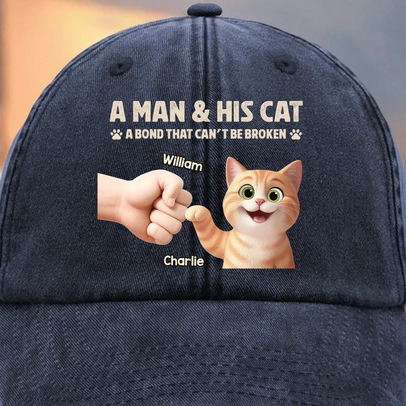 Custom Vintage Washed Denim Baseball Cap - Personalized Birthday Gifts For Cat Lovers, Cat Mom And Dad - Man And Cat Bound By Love
