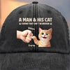 Custom Vintage Washed Denim Baseball Cap - Personalized Birthday Gifts For Cat Lovers, Cat Mom And Dad - Man And Cat Bound By Love