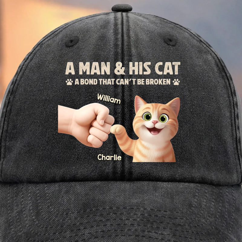 Custom Vintage Washed Denim Baseball Cap - Personalized Birthday Gifts For Cat Lovers, Cat Mom And Dad - Man And Cat Bound By Love
