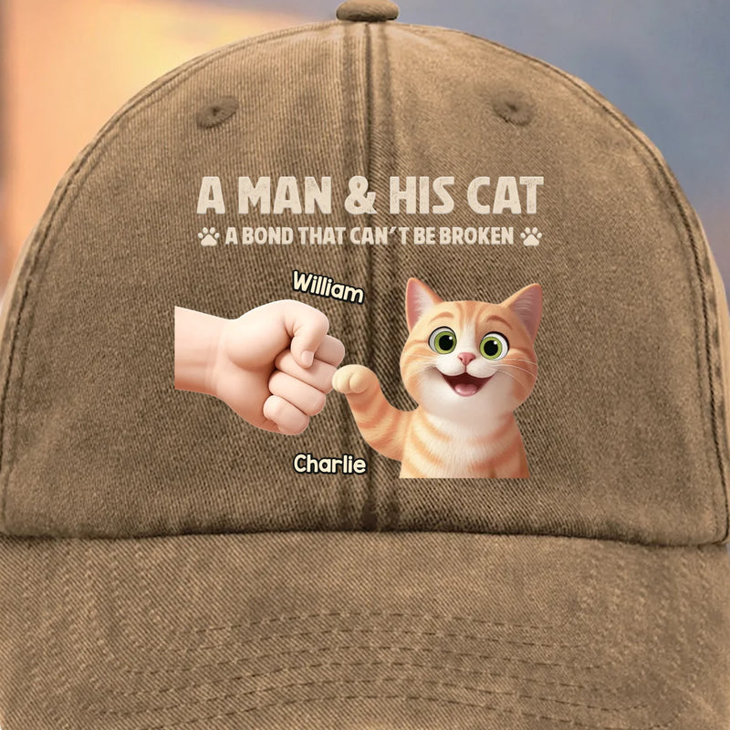 Custom Vintage Washed Denim Baseball Cap - Personalized Birthday Gifts For Cat Lovers, Cat Mom And Dad - Man And Cat Bound By Love