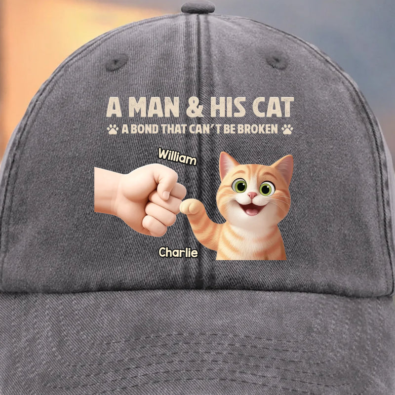 Custom Vintage Washed Denim Baseball Cap - Personalized Birthday Gifts For Cat Lovers, Cat Mom And Dad - Man And Cat Bound By Love