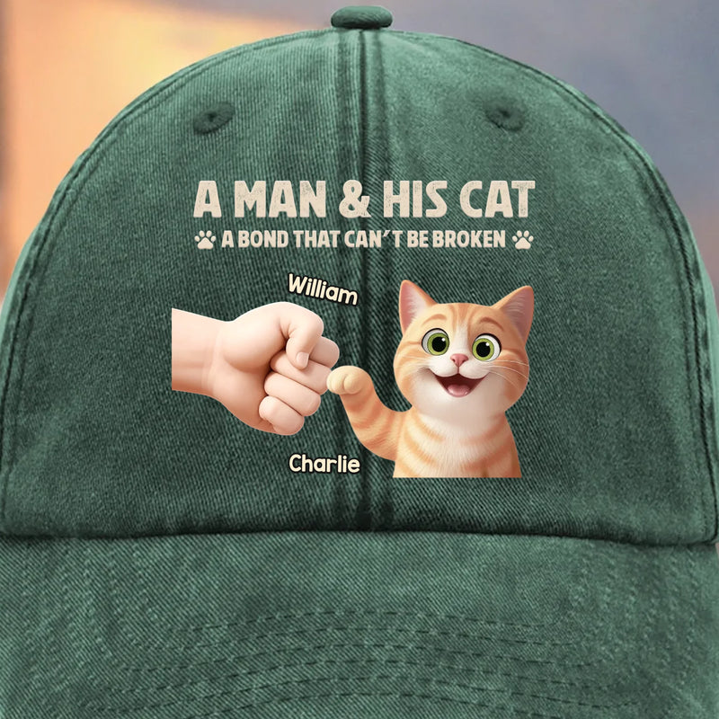 Custom Vintage Washed Denim Baseball Cap - Personalized Birthday Gifts For Cat Lovers, Cat Mom And Dad - Man And Cat Bound By Love