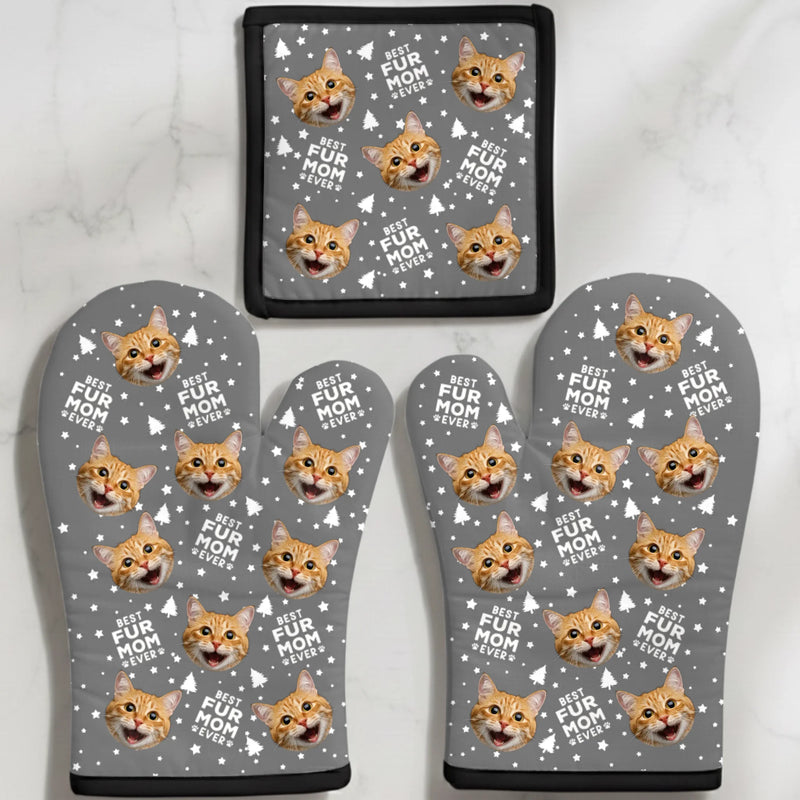 Custom Photo Oven Mitt And Pot Holder Set - Personalized Christmas Birthday Gifts For Mom, Grandma, Dog Cat Lovers - Best Fur Mom Ever