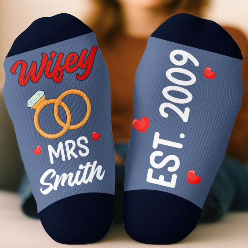 Custom Crew Socks - Personalized Anniversary Wedding Gifts For Husband And Wife, Him And Her - Built Together Still Smiling