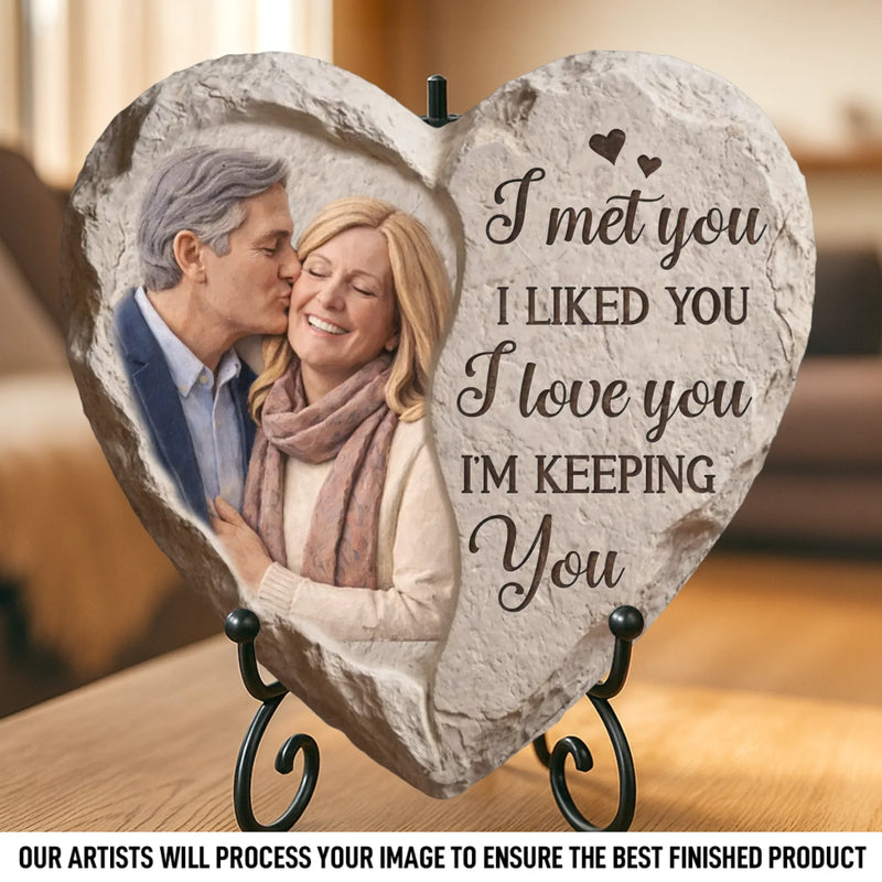 Custom Photo Heart Shaped Stone With Stand - Personalized Anniversary Wedding Gifts For Husband And Wife, Him And Her - Side By Side Feels Right