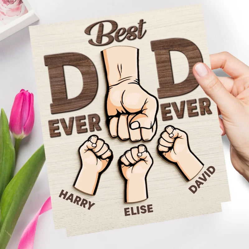 Behind Every Tiny Fist Is A Big Love For Dad - Family Personalized Custom Shaped 2-Layered Wooden Plaque With Flat Stand - Father's Day, House Warming Gift For Dad