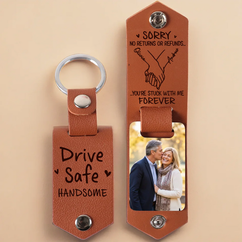 Custom Photo Engraved Leather Keychain - Personalized Anniversary Wedding Gifts For Husband And Wife, Him And Her  - Love Grows Where We Belong