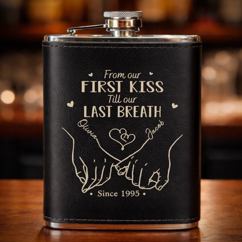 Custom Hip Flask Set - Personalized Anniversary Wedding Gifts For Husband And Wife, Him And Her - Together We Stay Soft