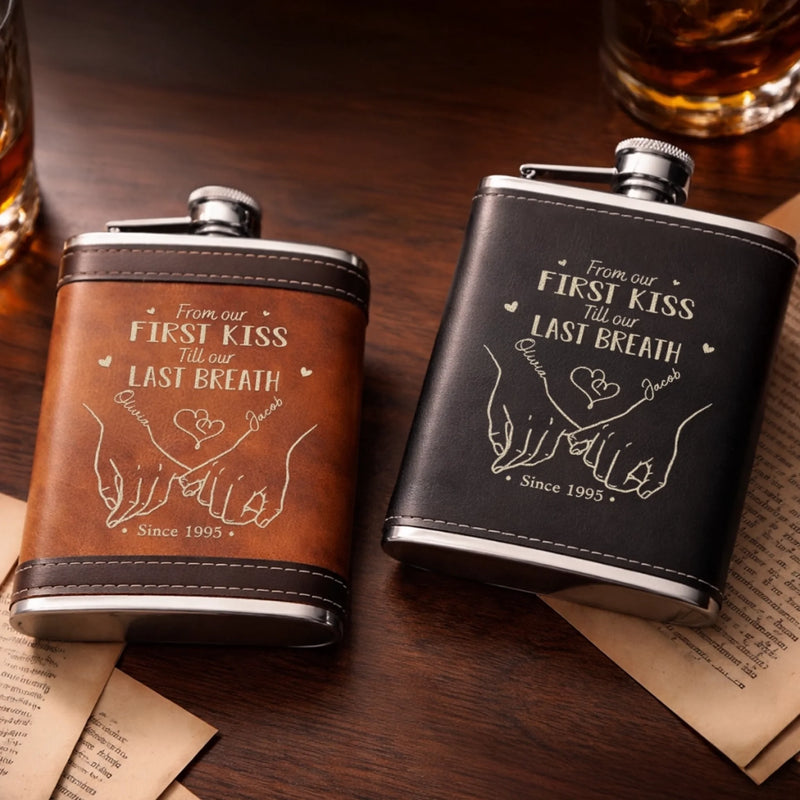 Custom Hip Flask Set - Personalized Anniversary Wedding Gifts For Husband And Wife, Him And Her - Together We Stay Soft