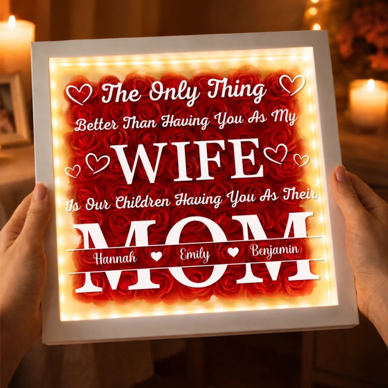 Custom Flower Shadow Box With LED Light - Personalized Anniversary Wedding Gifts For Husband And Wife, Him And Her - My Wife My Everything