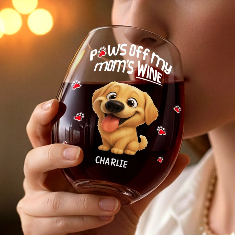 Custom Wine Glass - Personalized Christmas Birthday Gifts For Dog Cat Lovers, Dog Dad And Mom, Cat Owners - Paws Off My Mom's Wine