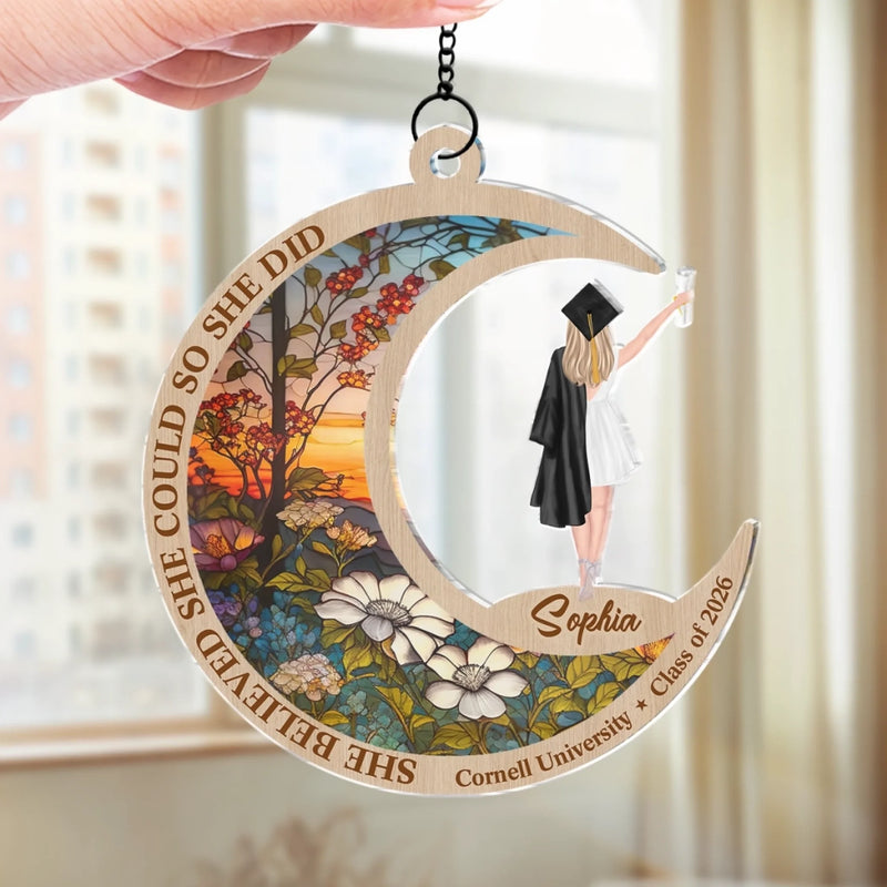 She Believed She Could, So She Did - Family Personalized Window Hanging Suncatcher Ornament - Graduation Gift For Family Members, Siblings, Brothers, Sisters