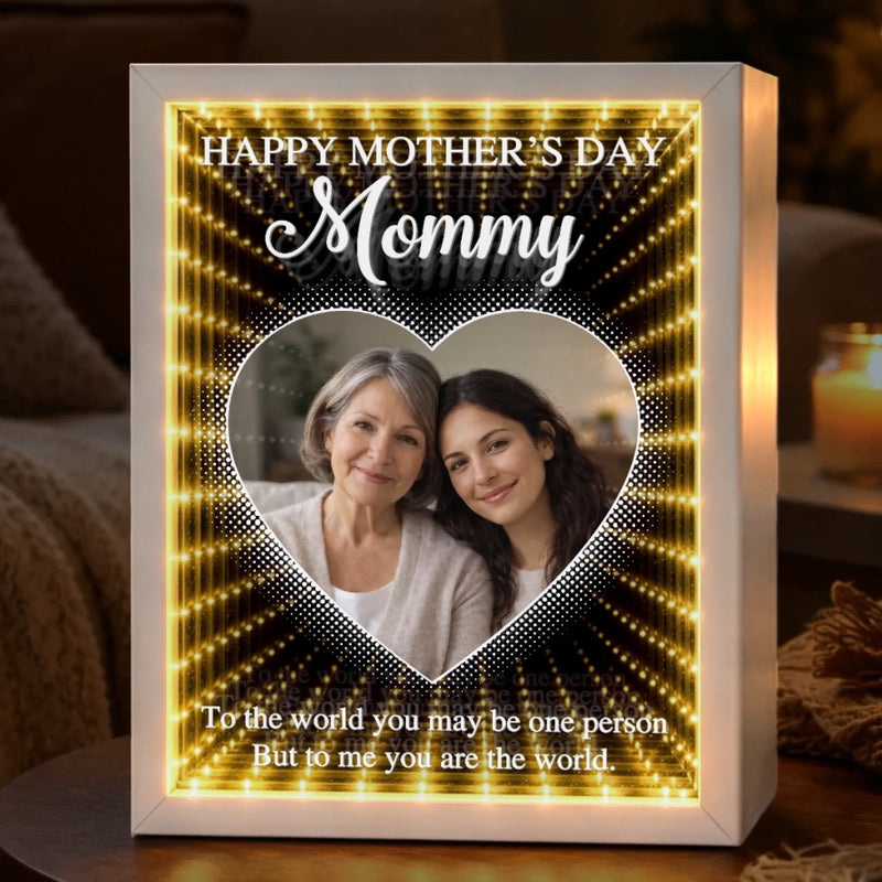 Custom Photo Infinity Mirror Light Box - Personalized Mother's Day Birthday Gifts For Mom - Mom, Always My Hero