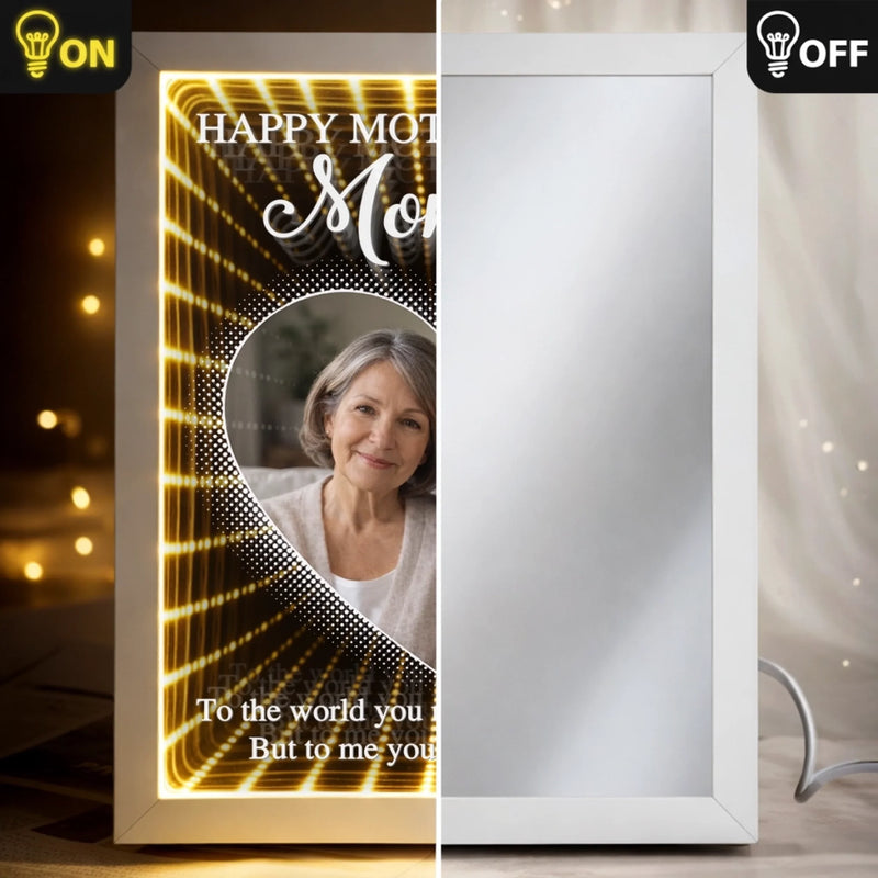 Custom Photo Infinity Mirror Light Box - Personalized Mother's Day Birthday Gifts For Mom - Mom, Always My Hero