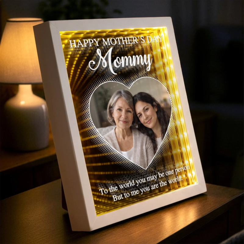 Custom Photo Infinity Mirror Light Box - Personalized Mother's Day Birthday Gifts For Mom - Mom, Always My Hero