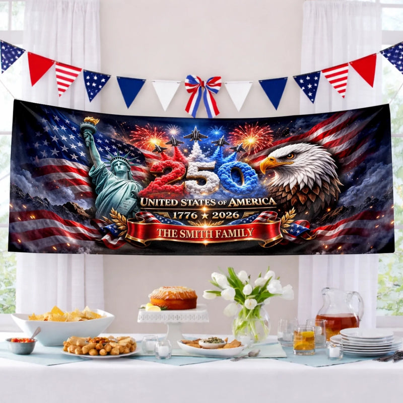 Custom Polyester Outdoor Banner - Personalized America 250th Anniversary Gifts For Mom, Dad, Brother, Sister, Kids - Strong As One