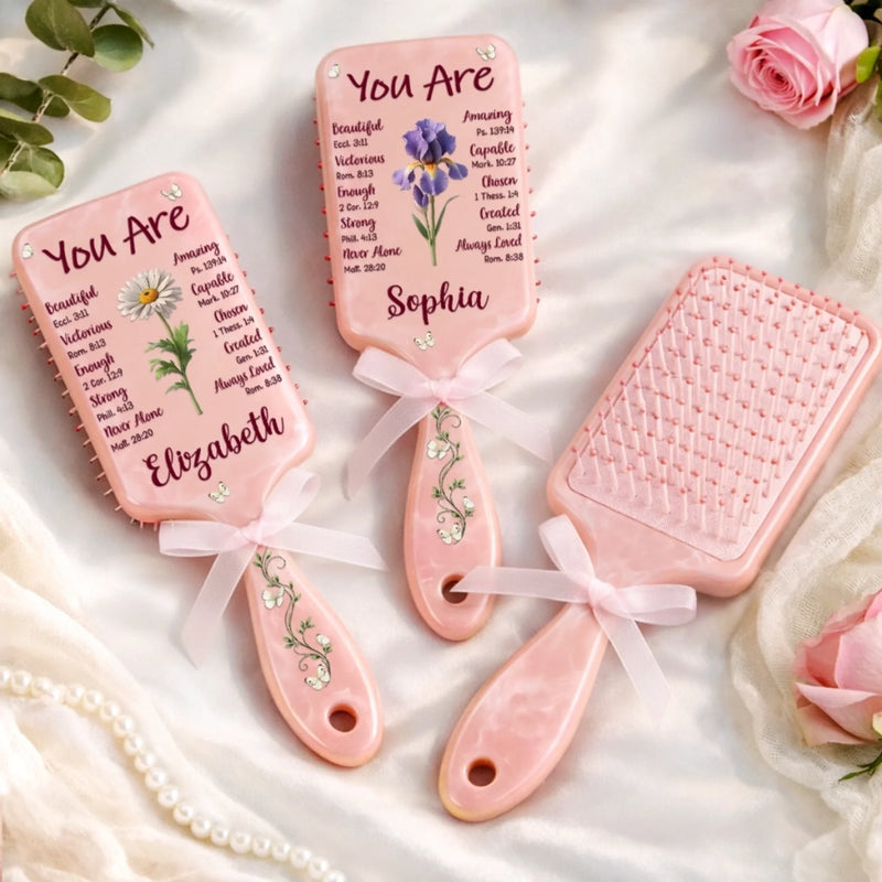Custom Birth Month Flower Paddle Hair Brush - Personalized Affirmation Gifts For Women, Besties, Sisters, BFF - Gentle, Strong And Chosen