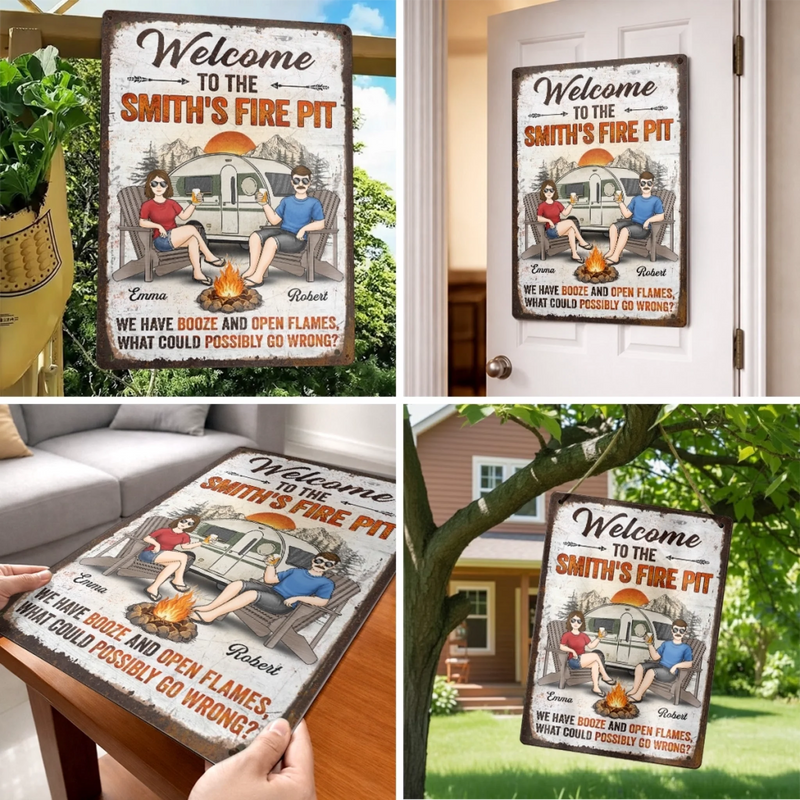 Custom Home Decor Metal Sign - Personalized Anniversary Wedding Camping Gifts For Campers, Husband And Wife, Him And Her - Welcome To Our Fire Pit