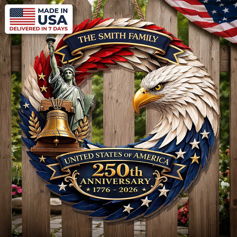 Custom Wood Sign - Personalized America 250th Anniversary Gifts For Mom, Dad, Brother, Sister, Kids - Eagle Patriotic