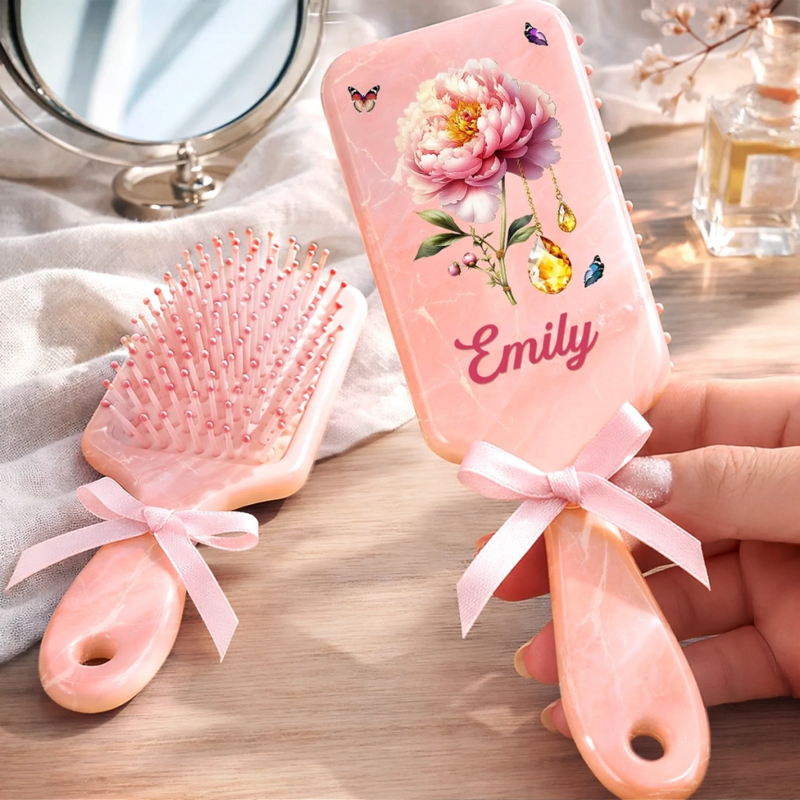 Custom Birth Month Flower Paddle Hair Brush - Personalized Thank You Graduation Birthday Gifts For Her, Friends, Sisters, Daughters, Mother, Bridesmaid - Bloom With A Little Sparkle