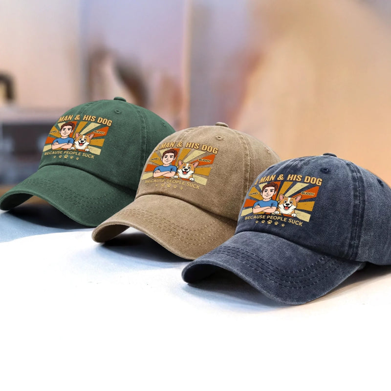 Custom Vintage Washed Denim Baseball Cap - Personalized Father's Day Birthday Gifts For Dog Lovers, Dog Dad And Mom - Dogs Make Me Happy