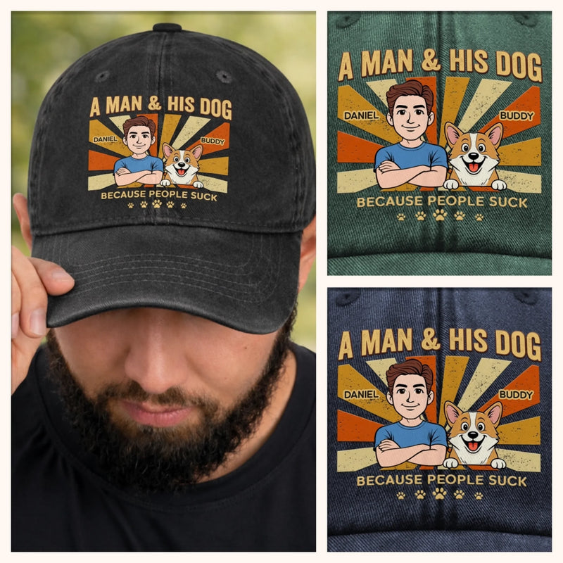 Custom Vintage Washed Denim Baseball Cap - Personalized Father's Day Birthday Gifts For Dog Lovers, Dog Dad And Mom - Dogs Make Me Happy