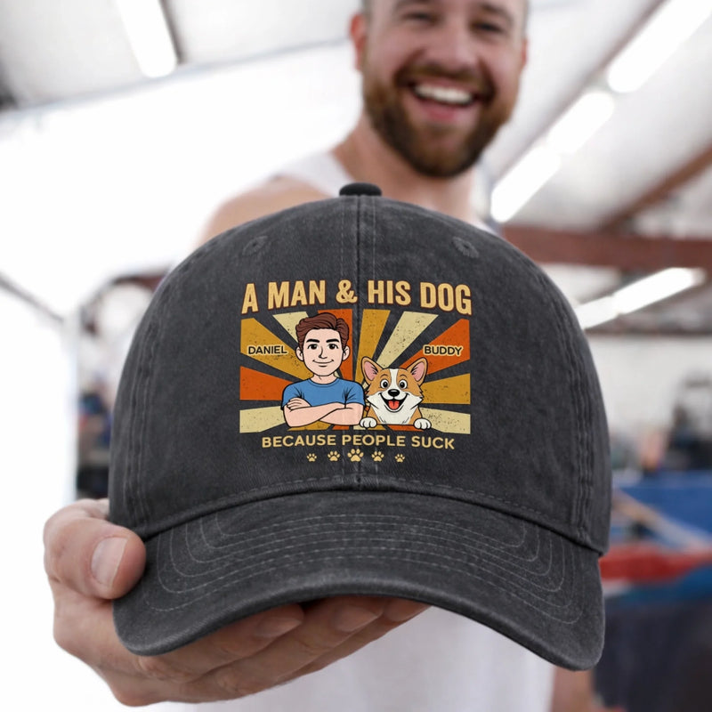 Custom Vintage Washed Denim Baseball Cap - Personalized Father's Day Birthday Gifts For Dog Lovers, Dog Dad And Mom - Dogs Make Me Happy