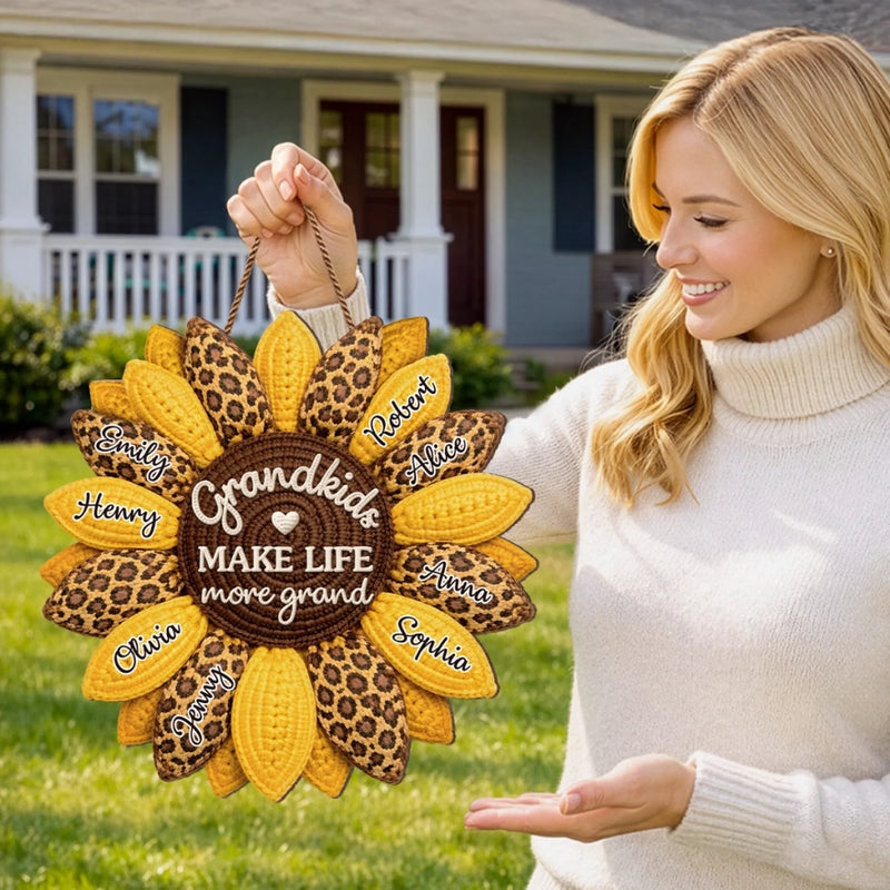 Custom Wood Sign - Personalized Mother's Day Birthday Gifts For Mom, Grandma - Sunflower Kisses And Grandkid Wishes