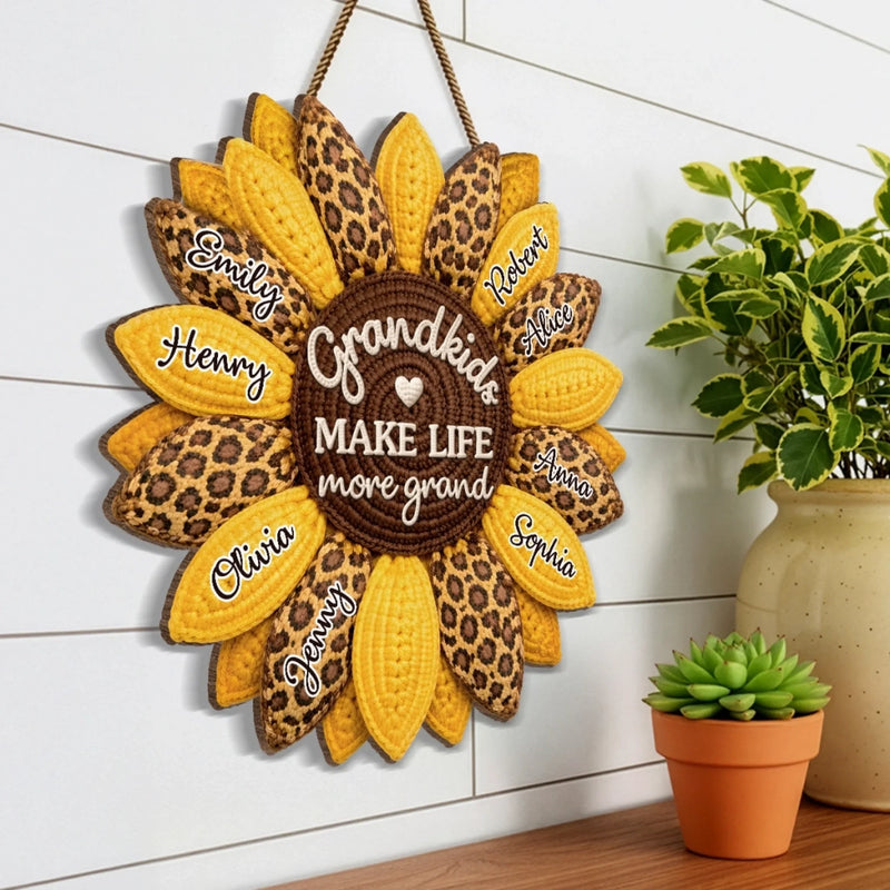 Custom Wood Sign - Personalized Mother's Day Birthday Gifts For Mom, Grandma - Sunflower Kisses And Grandkid Wishes