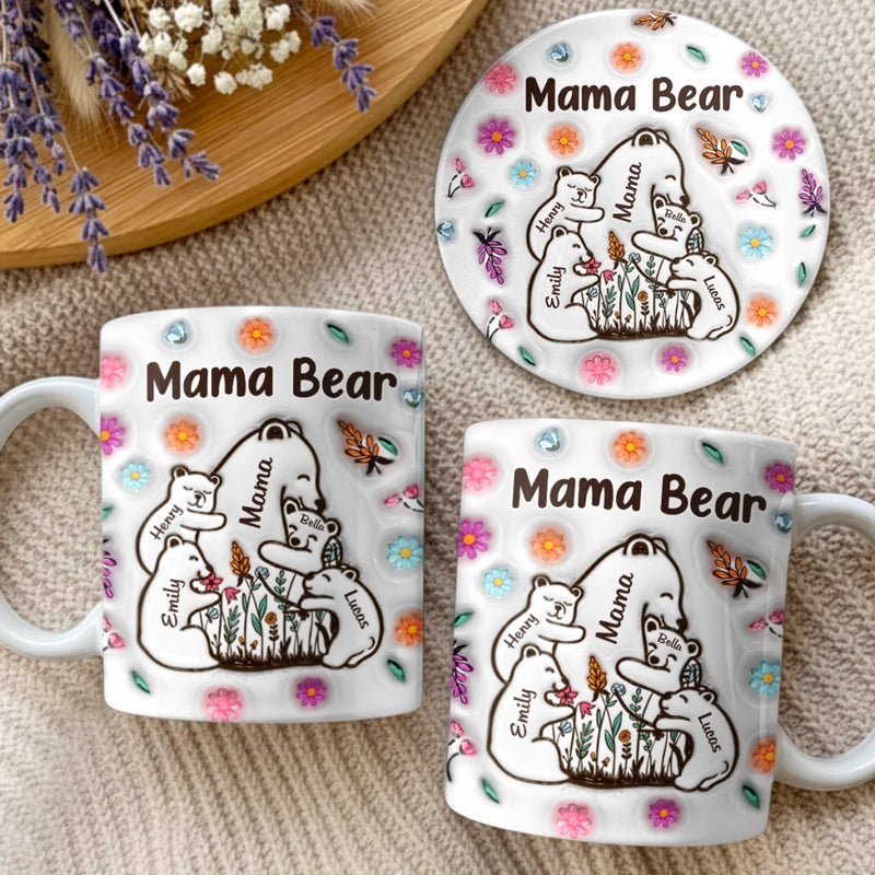 Custom 3D Inflated Effect Printed Mug And Coaster Set - Personalized Mother's Day Birthday Gifts For Mom, Grandma - Proud Mama Bear