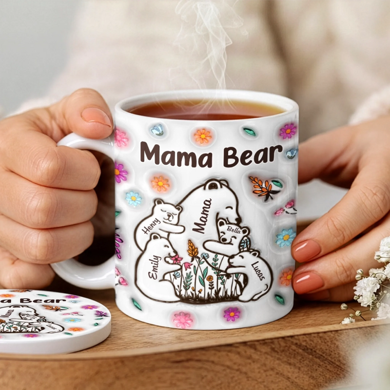 Custom 3D Inflated Effect Printed Mug And Coaster Set - Personalized Mother's Day Birthday Gifts For Mom, Grandma - Proud Mama Bear