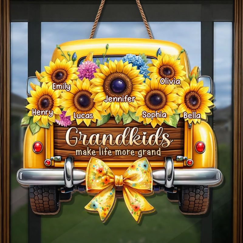 Custom Sunflower Wood Sign - Personalized Mother's Day Birthday Gifts For Mom, Grandma - Grandkids Make Every Trip Golden